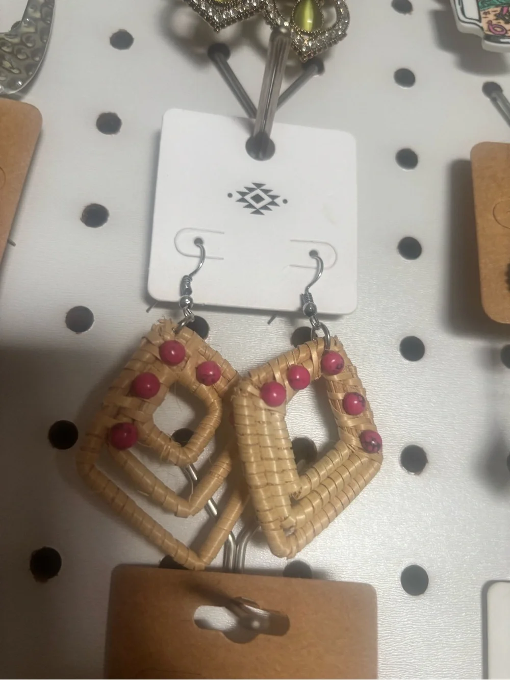 Woven Rattan Geometric Drop Earrings with Pink Beads